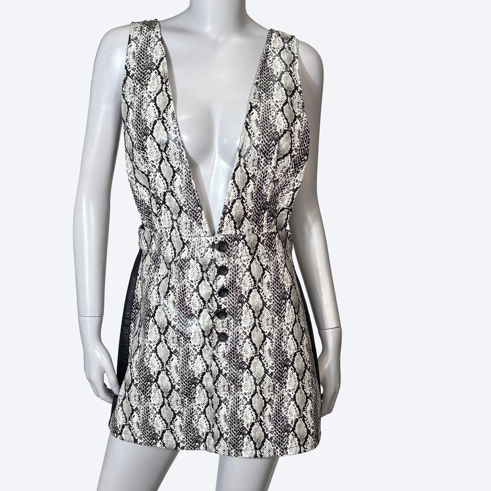 Snakeskin Print Vinyl Faux Leather Plunging Mini Dress Womens M Pinafore